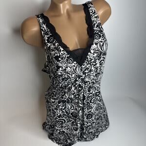 Soma Womens Size Large Black White Baroque Lace Trim Tank Top Coquette Y2K
